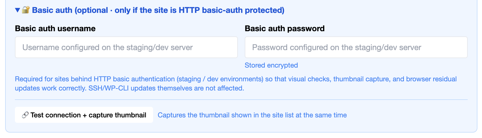 WordPress tab with the Basic Auth section expanded (username + password fields + description + 🔗 Test connection + capture thumbnail button)