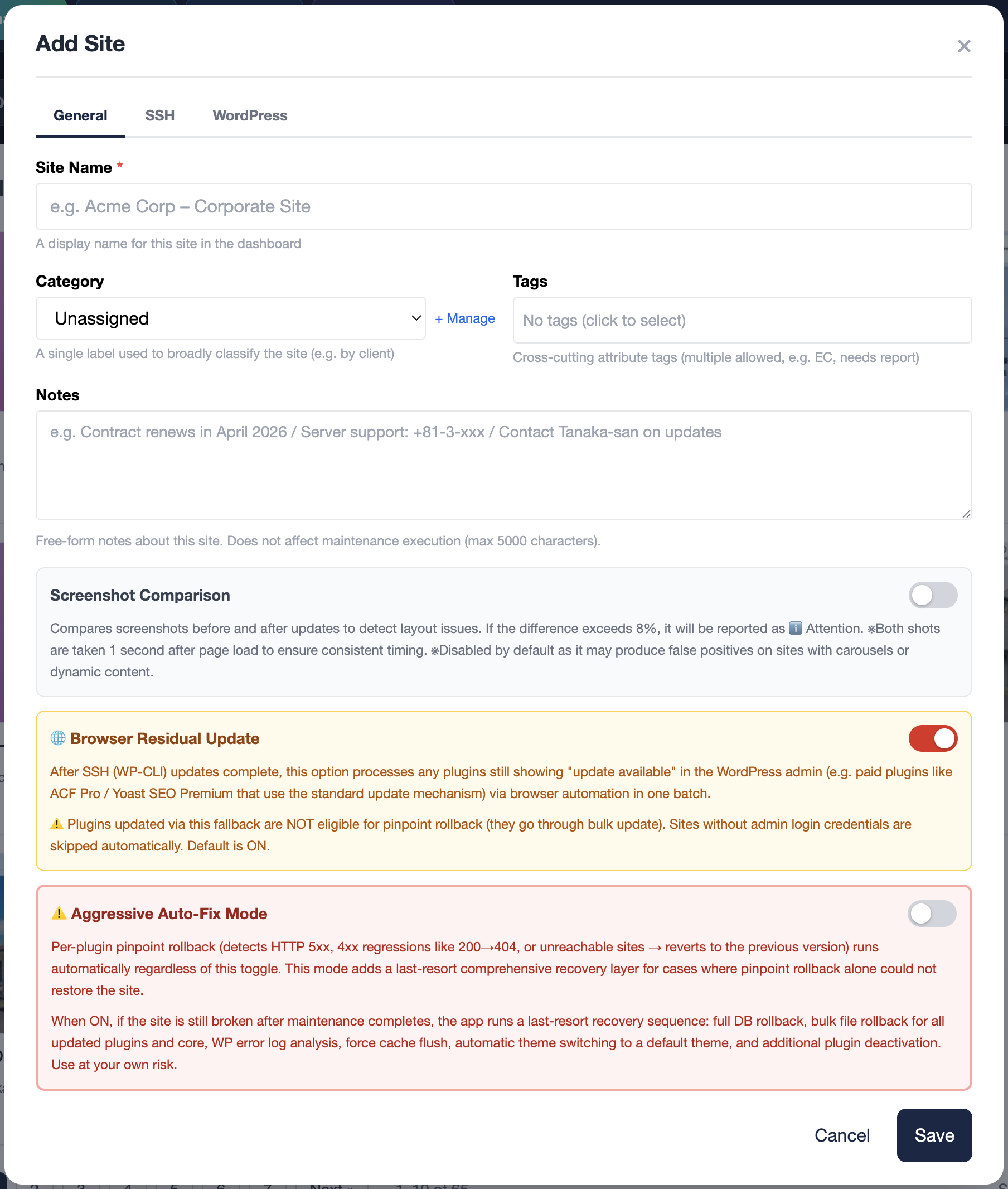Add Site modal — General tab (site name, category, tags, notes, screenshot comparison, browser residual update, aggressive auto-fix)