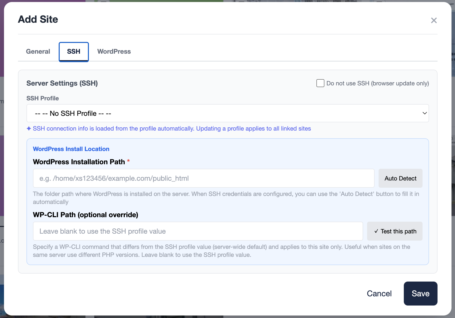 Add Site modal — SSH tab (SSH profile dropdown, WordPress install path, auto-detect button, WP-CLI path override)