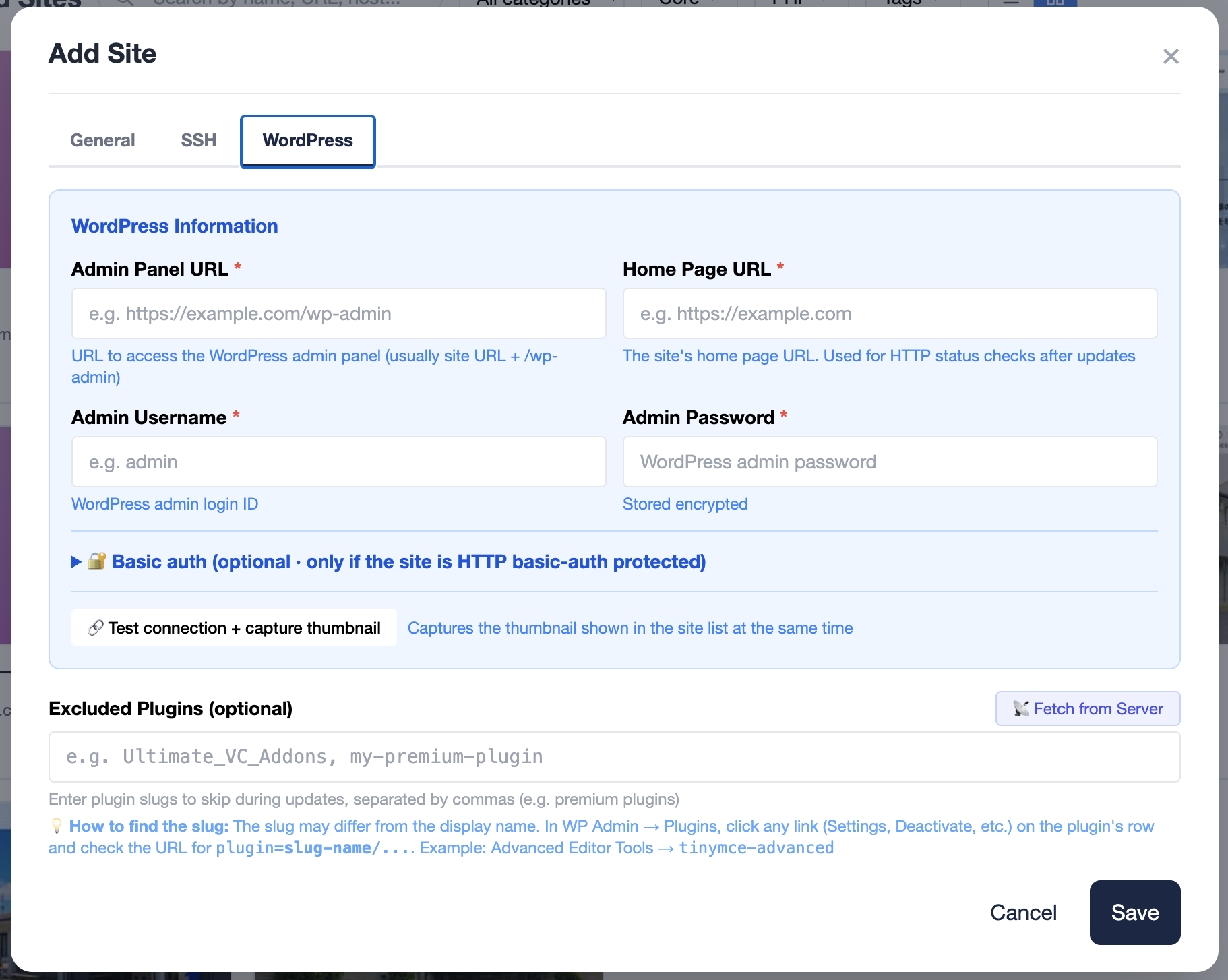 Add Site modal — WordPress tab (admin URL, site URL, admin username/password, Basic auth, connection test button, excluded plugins)